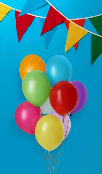 Colorful Balloons Decorative Bunting Flags Light Blue Background — Stock Photo, Image