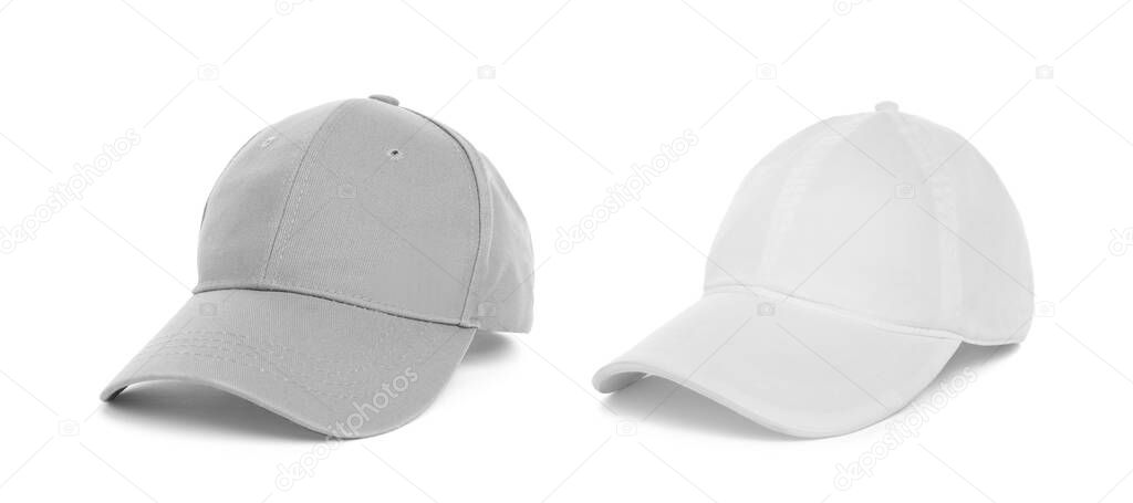 Different baseball caps on white background, collage. Mock up for design