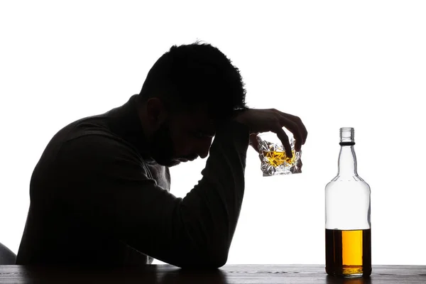 Silhouette Addicted Man Alcoholic Drink White Background — Stock Photo, Image