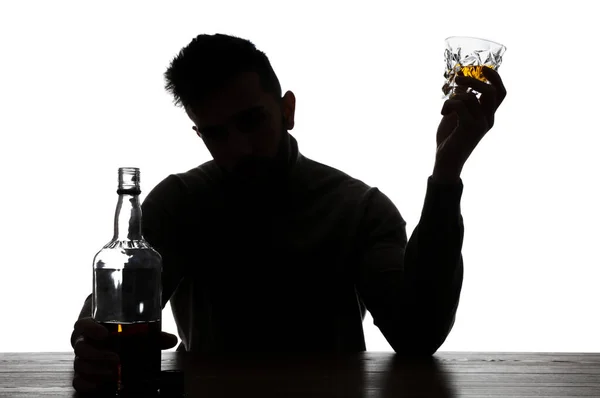 Silhouette Addicted Man Alcoholic Drink White Background — Stock Photo, Image