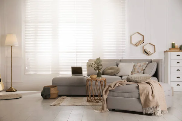 Living Room Comfortable Grey Sofa Ottoman Stylish Interior Elements Window — Stock Photo, Image