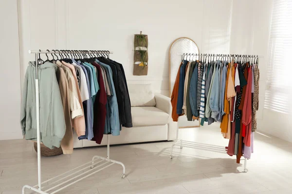 Racks Stylish Clothes Indoors Fast Fashion — Stock Photo, Image