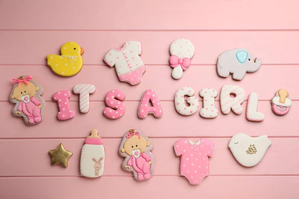 Babaköszöntő Phrase Girl Készült Cookie Rózsaszín Háttér Lapos Laikus — Stock Fotó