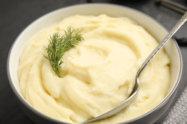 Freshly Cooked Homemade Mashed Potatoes Dark Grey Table Closeup — Stock Photo, Image