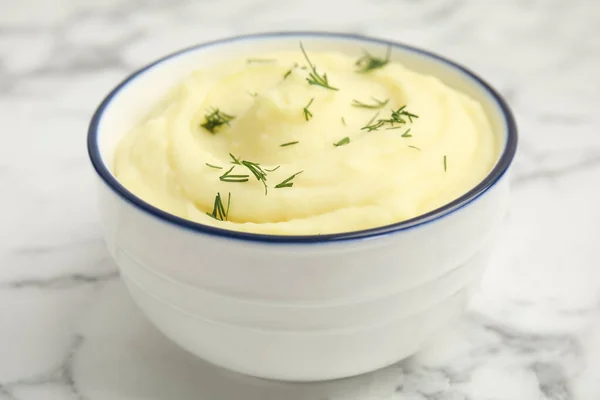 Freshly Cooked Homemade Mashed Potatoes White Marble Table Closeup — Stock Photo, Image