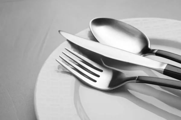 Πιάτο Μαχαιροπίρουνα Γκρι Τραπέζι Closeup — Φωτογραφία Αρχείου