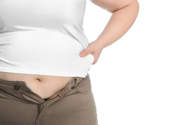 Übergewichtige Frau Engem Hemd Und Hose Auf Weißem Hintergrund Nahaufnahme — Stockfoto