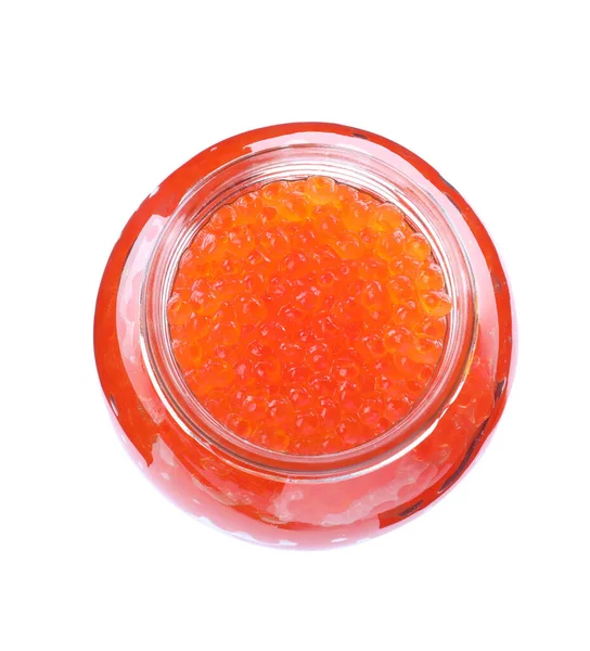 Frasco Aberto Com Delicioso Caviar Vermelho Isolado Branco Vista Superior — Fotografia de Stock