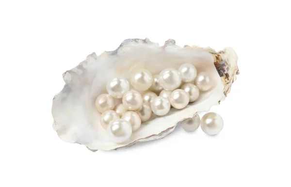 Austernschale Mit Perlen Auf Weißem Hintergrund — Stockfoto