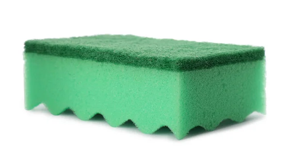 Esponja Limpeza Verde Com Scourer Abrasivo Isolado Branco — Fotografia de Stock