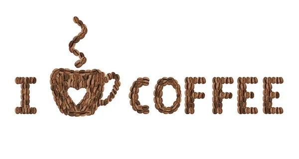 Phrase Love Koffie Gemaakt Van Geroosterde Bonen Witte Achtergrond Bovenaanzicht — Stockfoto
