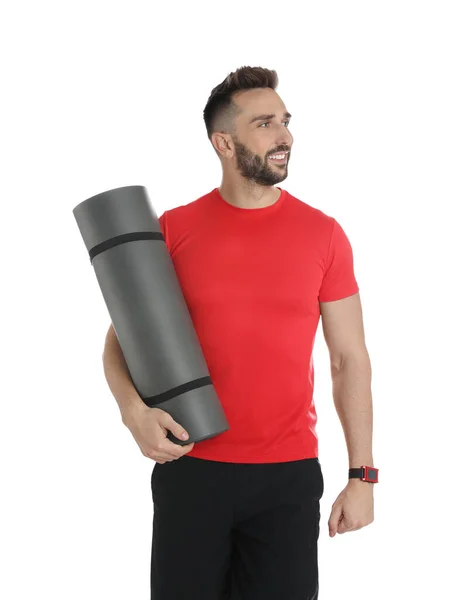 Stilig Man Med Yogamatta Vit Bakgrund — Stockfoto
