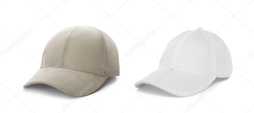 Different baseball caps on white background, collage. Mock up for design