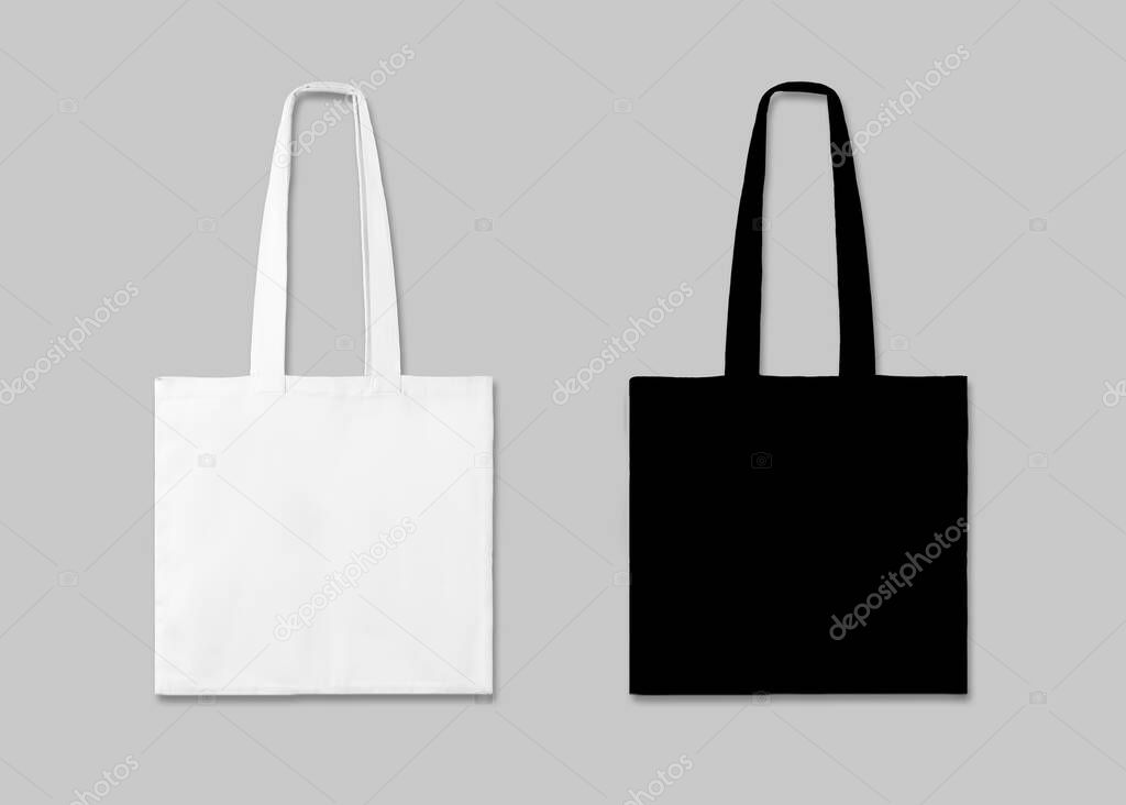 Textile eco bags on light grey background, collage. Mock up for design