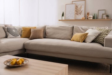 Rahat gri kanepe ve farklı dekorasyon unsurları olan şık bir oturma odası.