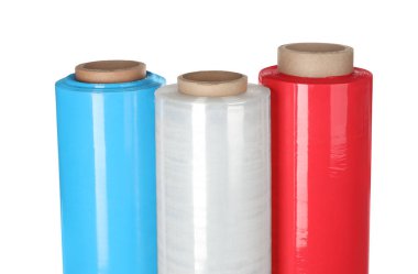 Beyaz arkaplanda farklı plastik germe filmleri
