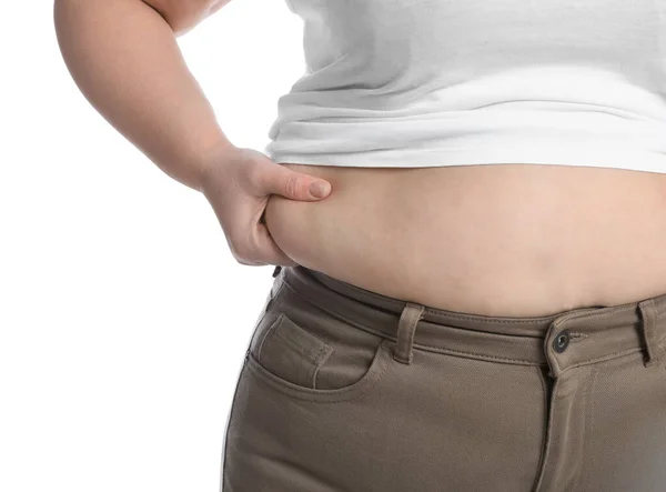 Übergewichtige Frau Engem Hemd Und Hose Auf Weißem Hintergrund Nahaufnahme — Stockfoto