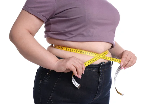 Overweight Woman Measuring Waist Tape White Background Closeup — Stock Photo, Image