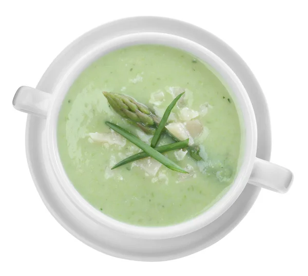 Deliziosa Zuppa Asparagi Con Cipolla Verde Sfondo Bianco Vista Dall — Foto Stock