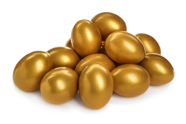 Mnoho Lesklých Zlatých Vajíček Bílém Pozadí — Stock fotografie