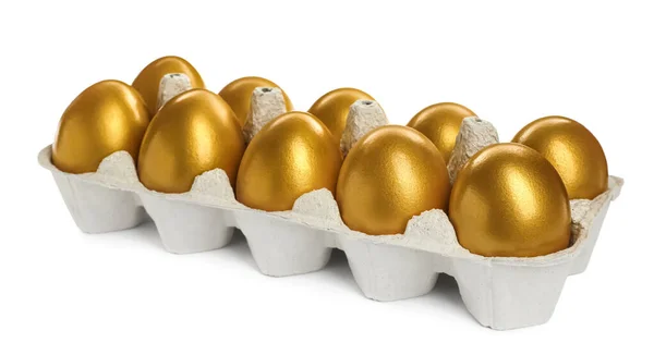 Many Shiny Golden Eggs Carton White Background — Stock Photo, Image