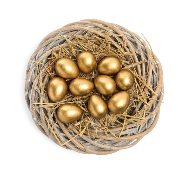 Glanzende Gouden Eieren Nest Witte Achtergrond Bovenaanzicht — Stockfoto
