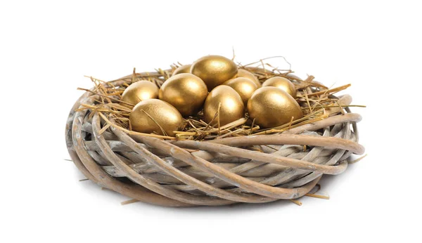 Shiny Golden Eggs Nest White Background — Stock Photo, Image