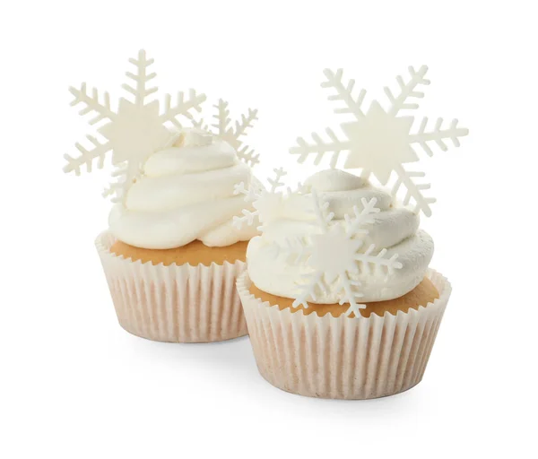 Вкусные Рождественские Кексы Снежинками Белом Фоне — стоковое фото
