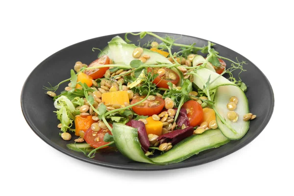 Assiette Délicieuse Salade Aux Lentilles Légumes Isolés Sur Blanc — Photo