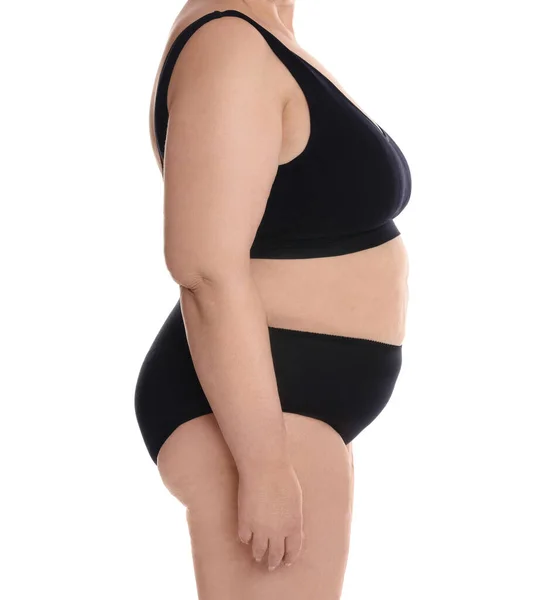 Übergewichtige Frau Unterwäsche Auf Weißem Hintergrund Nahaufnahme — Stockfoto