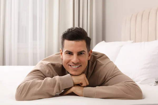Happy Man Lying Bed Home — Stock Photo, Image