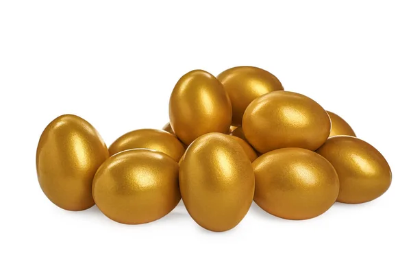 Many Shiny Golden Eggs White Background — Stock Photo, Image