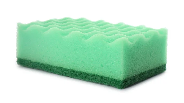 Grüner Reinigungsschwamm Mit Scheuermittel Isoliert Auf Weiß — Stockfoto