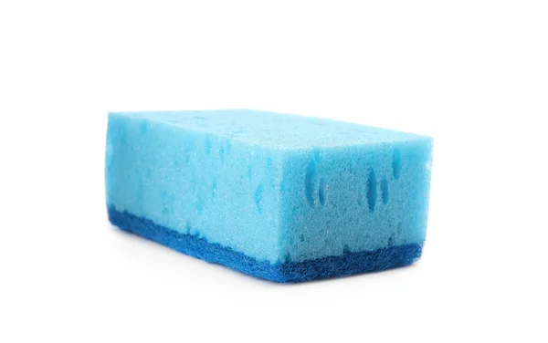 Esponja Limpeza Azul Claro Com Scourer Abrasivo Isolado Branco — Fotografia de Stock