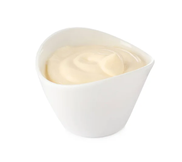 Mayonnaise Dans Bol Céramique Isolé Sur Blanc — Photo