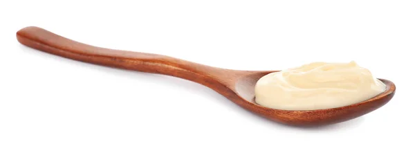 Cucchiaio Legno Con Maionese Isolato Bianco — Foto Stock