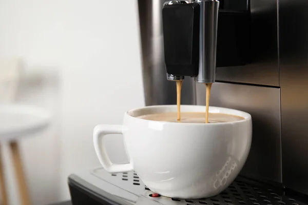 Espresso Machine Pouring Coffee Cups Blurred Background Closeup