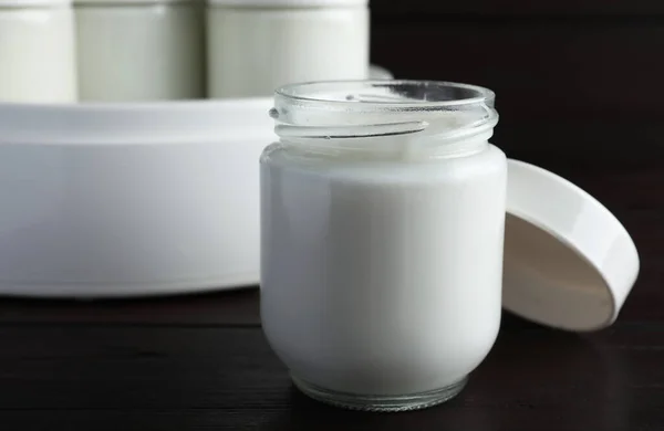 Glass Jar Tasty Yogurt Wooden Table Closeup — Stock Photo, Image