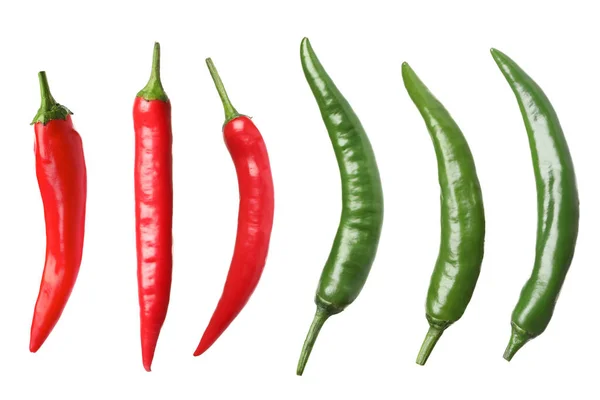 Set Red Green Hot Chili Peppers White Background — Stock Photo, Image