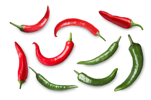 Set Red Green Hot Chili Peppers White Background — Stock Photo, Image