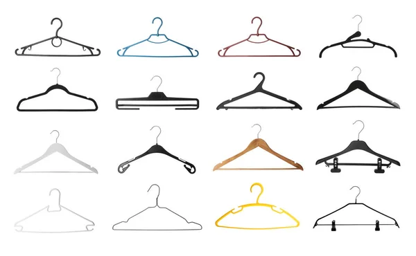 Set Met Verschillende Lege Hangers Witte Achtergrond — Stockfoto