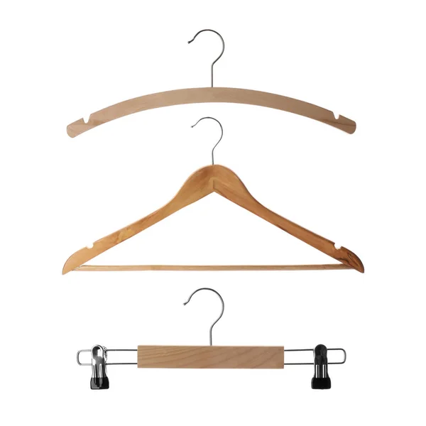 Set Different Empty Hangers White Background — Stock Photo, Image