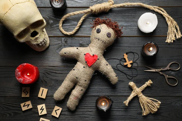 Flat Lay Composition Voodoo Doll Dark Wooden Table — Foto Stock