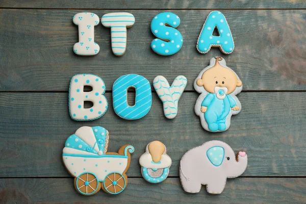 Fiesta Baby Shower Frase Niño Hecho Galletas Sobre Fondo Madera — Foto de Stock