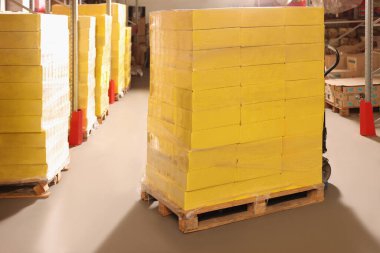 Depoda istiflenmiş kutuları olan manuel palet kamyonu. Toptan satış