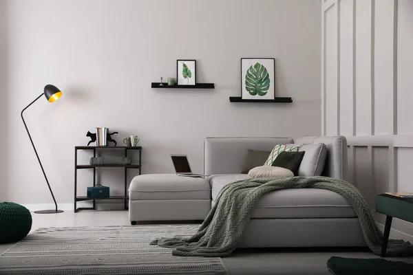 快適なグレーのソファとスタイリッシュなインテリアのあるリビングルーム — ストック写真