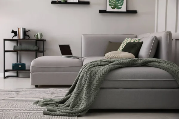 快適なグレーのソファとスタイリッシュなインテリアのあるリビングルーム — ストック写真