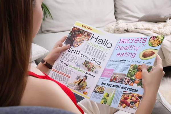 Young Woman Reading Cooking Magazine Home Closeup — Stock Photo, Image