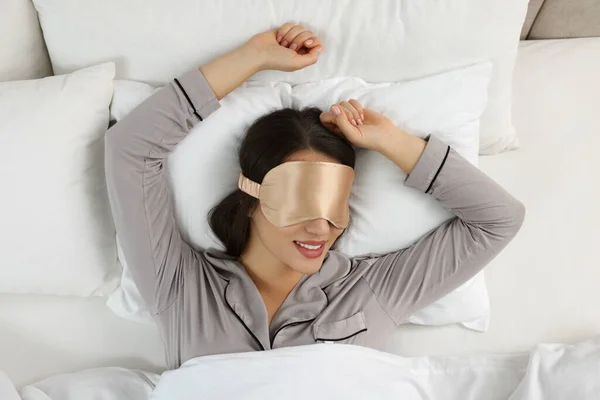 Young Woman Sleeping Mask Bed Top View — Stock Photo, Image