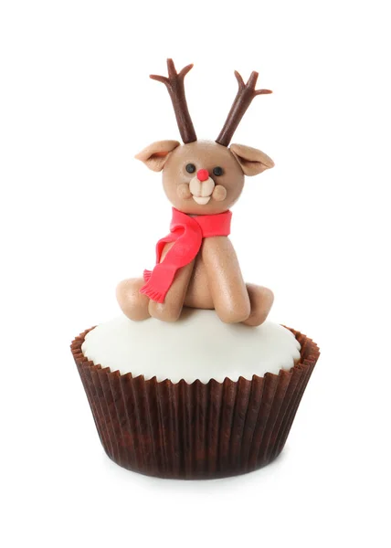 Bonito Cupcake Natal Com Renas Isoladas Branco — Fotografia de Stock